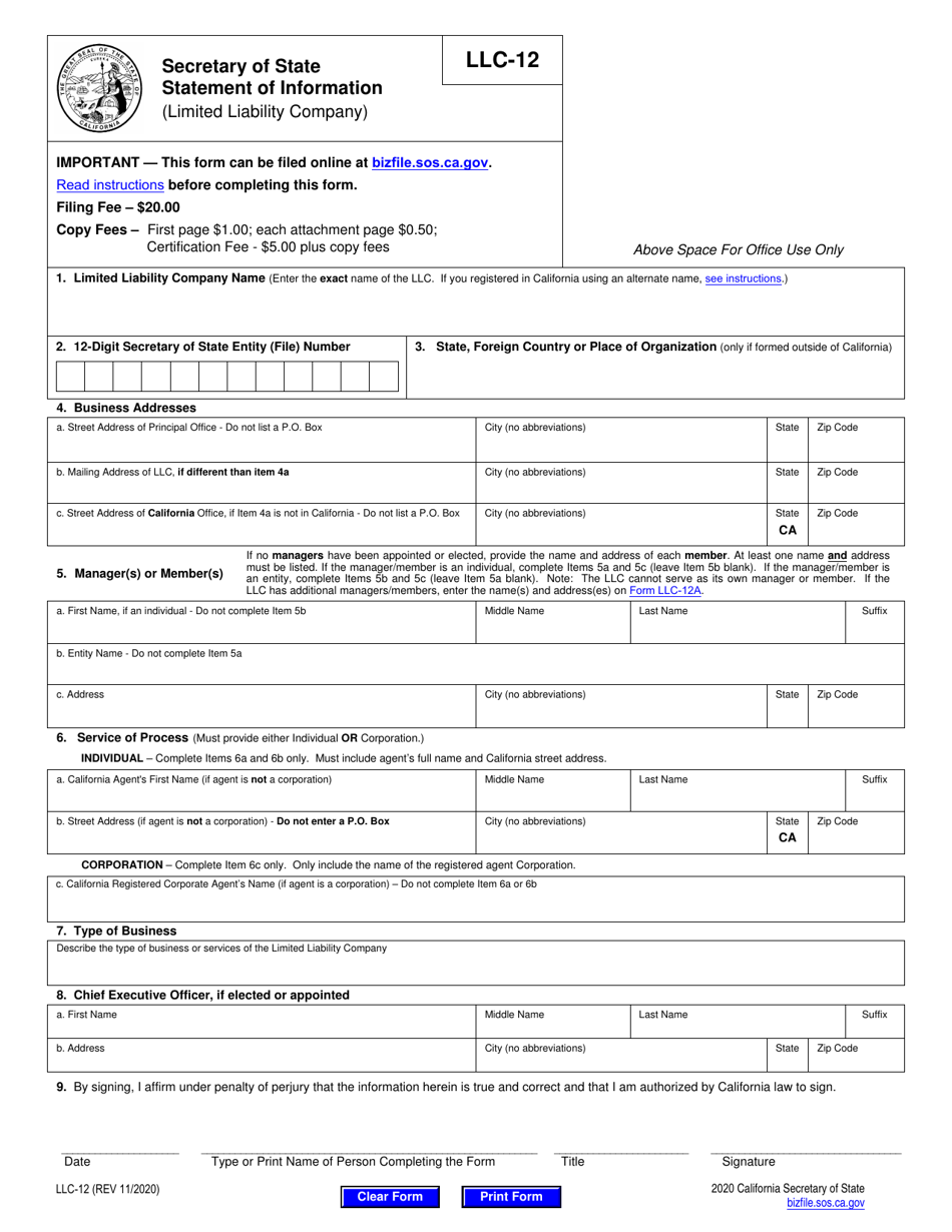 Form LLC-12 Statement of Information (Limited Liability Company) - California, Page 6