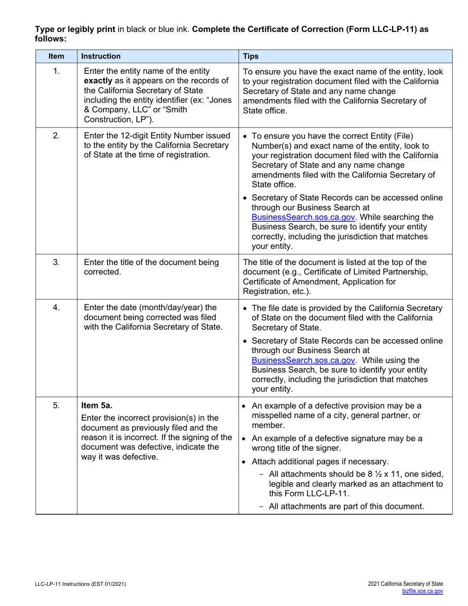 Form LLC-LP-11 Certificate of Correction - Limited Liability Company (LLC) or Limited Partnership (Lp) - California, Page 2