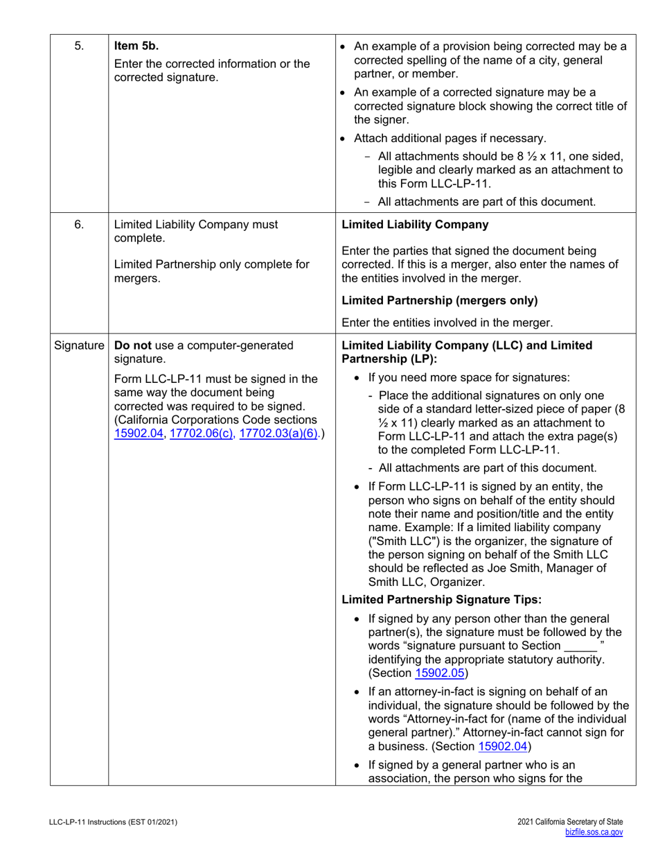 Form LLC-LP-11 Certificate of Correction - Limited Liability Company (LLC) or Limited Partnership (Lp) - California, Page 3