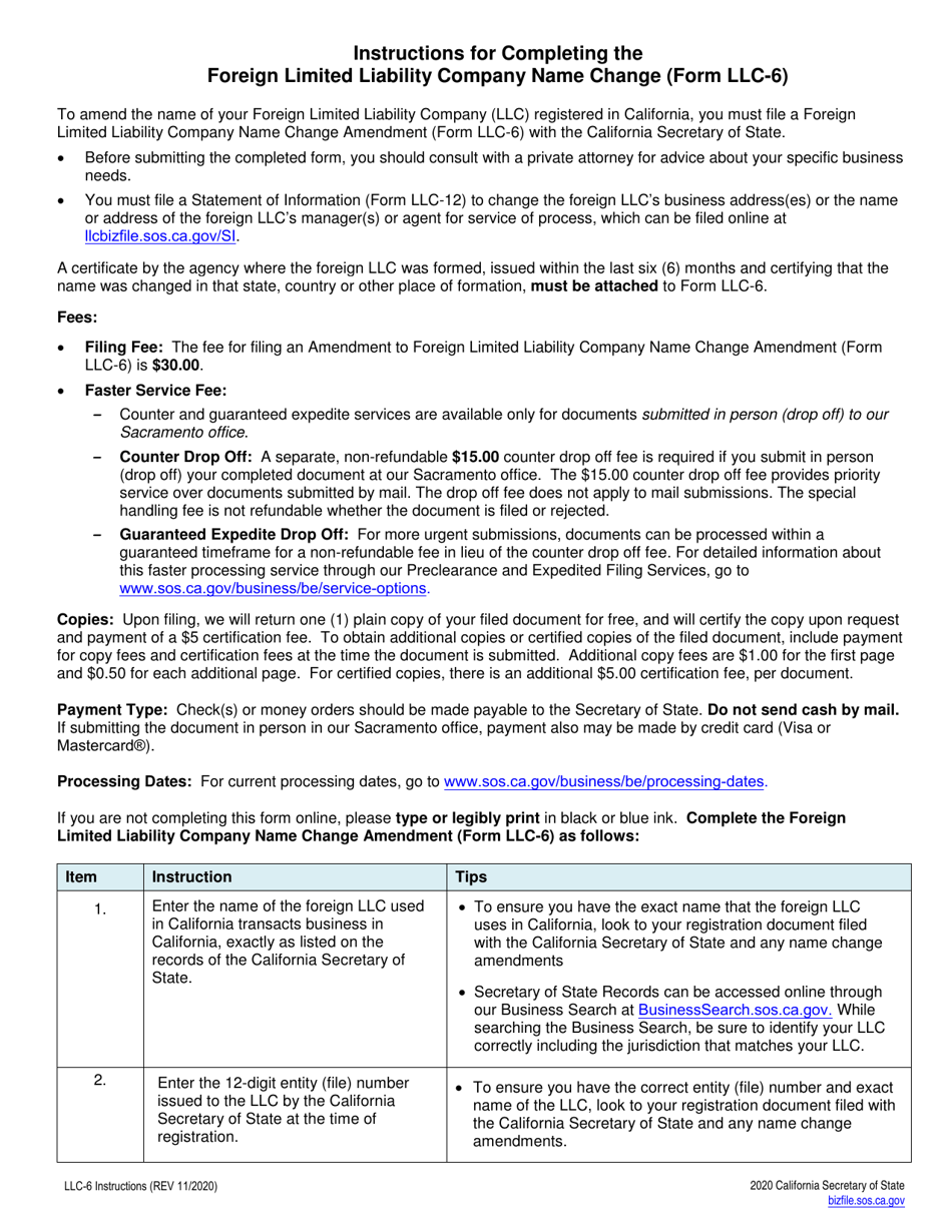 Form LLC-6 Foreign Limited Liability Company (LLC) Name Change Amendment - California, Page 2