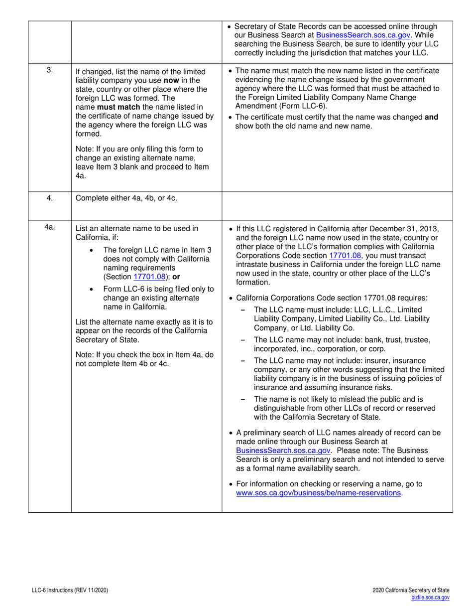 Form LLC-6 Foreign Limited Liability Company (LLC) Name Change Amendment - California, Page 3