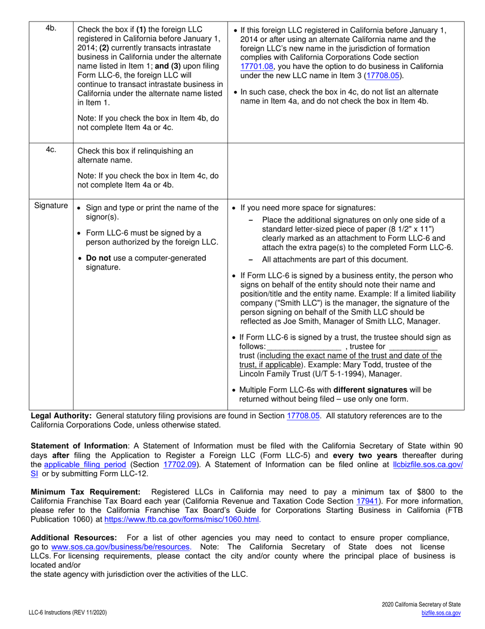 Form LLC-6 Foreign Limited Liability Company (LLC) Name Change Amendment - California, Page 4