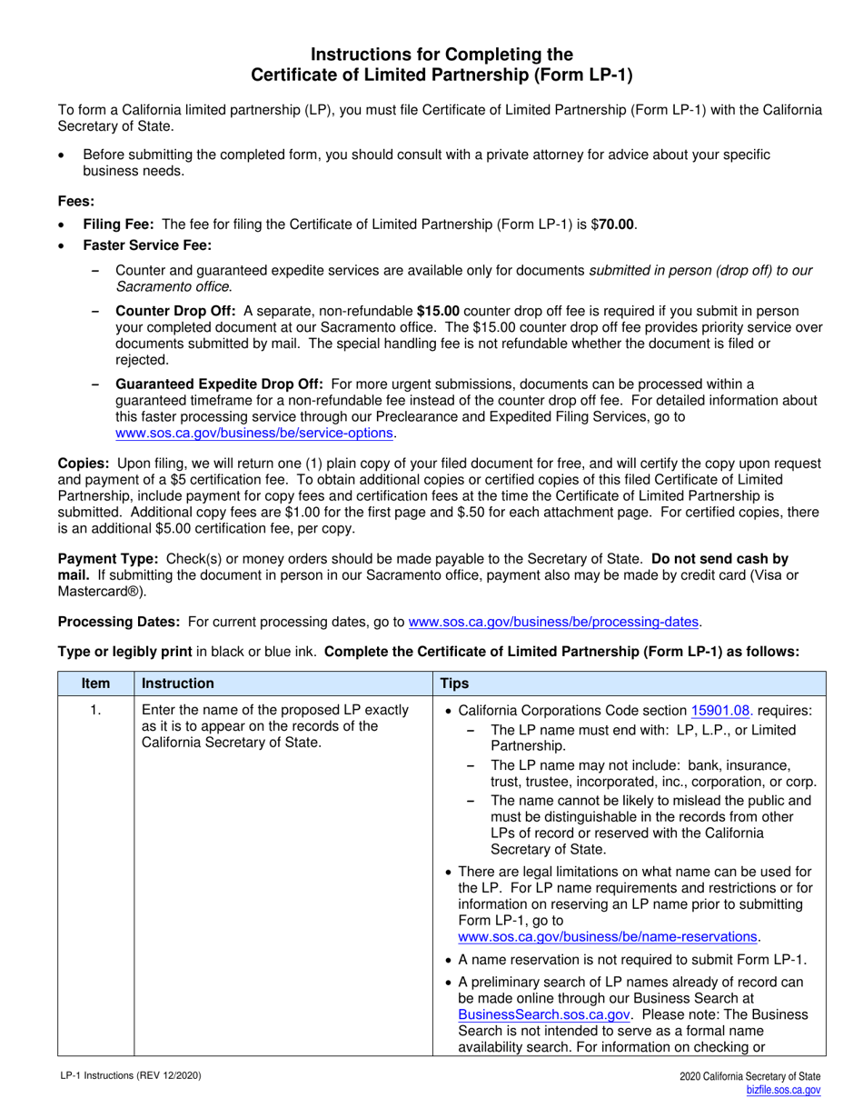 Form LP-1 Certificate of Limited Partnership (Lp) - California, Page 2