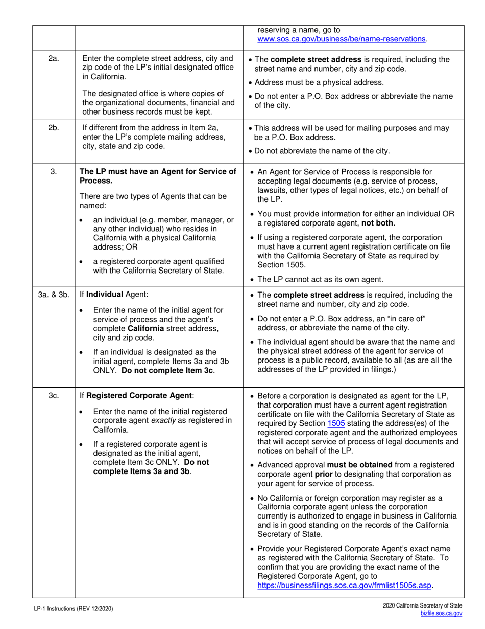 Form LP-1 Certificate of Limited Partnership (Lp) - California, Page 3