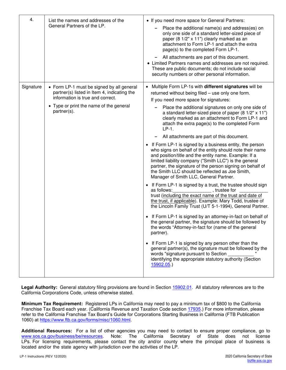 Form LP-1 Certificate of Limited Partnership (Lp) - California, Page 4