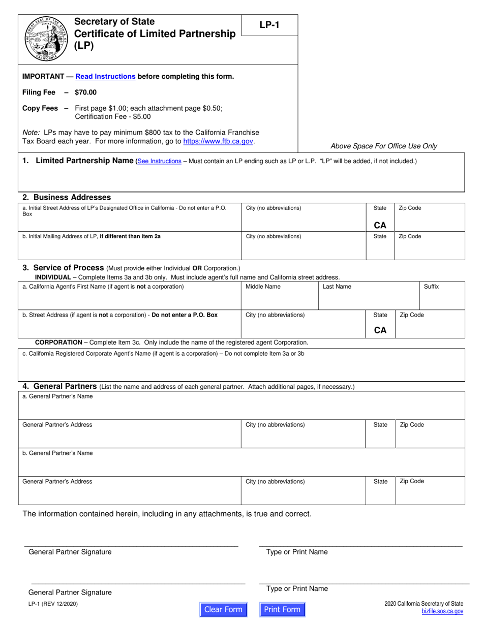 Form LP-1 Certificate of Limited Partnership (Lp) - California, Page 5