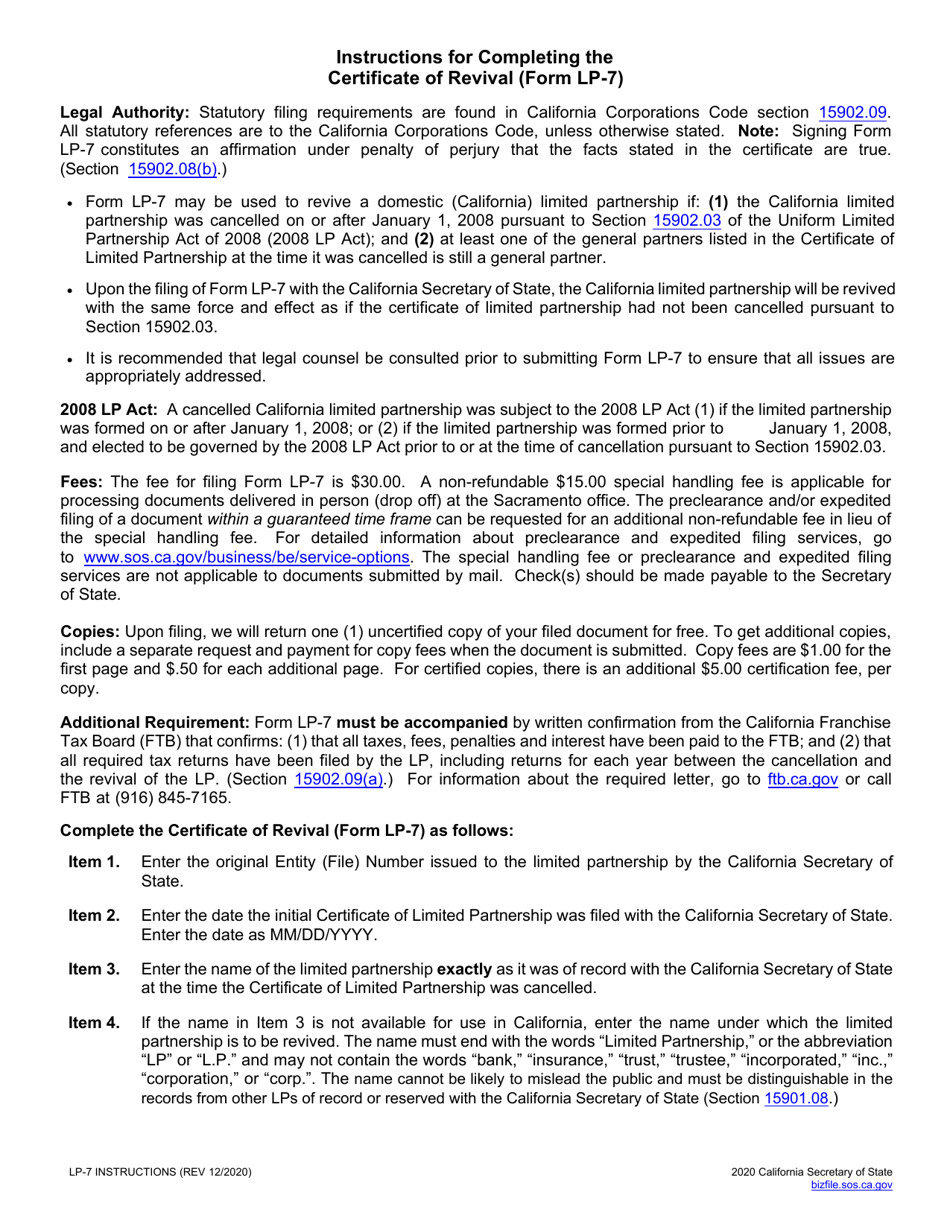 Form LP-7 Limited Partnership Certificate of Revival - California, Page 2