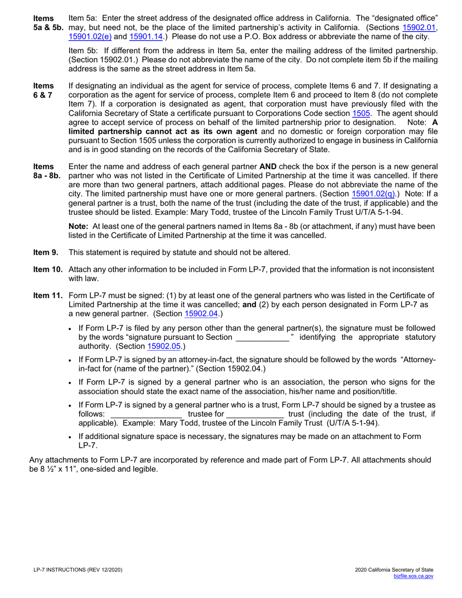 Form LP-7 Limited Partnership Certificate of Revival - California, Page 3