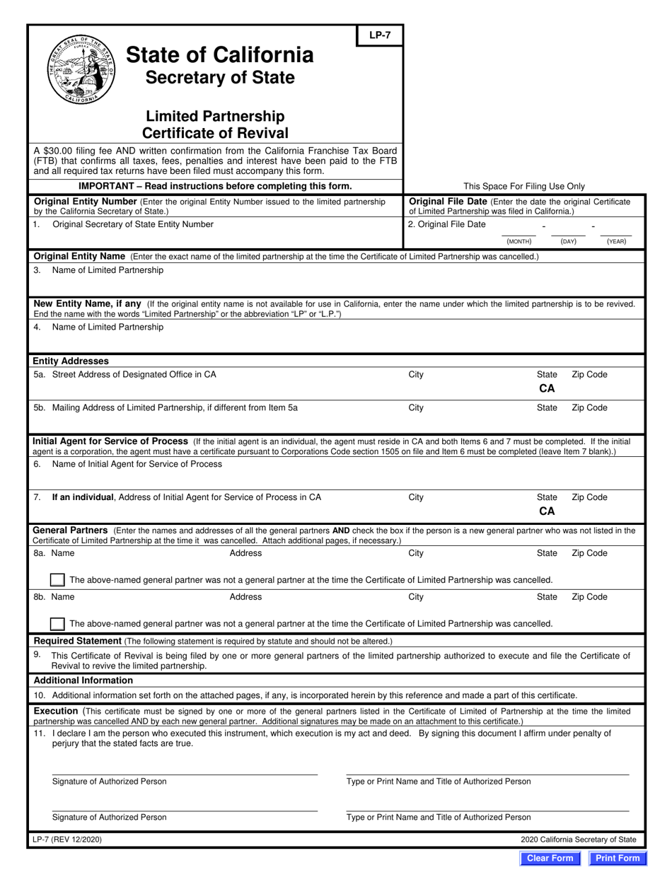 Form LP-7 Limited Partnership Certificate of Revival - California, Page 4