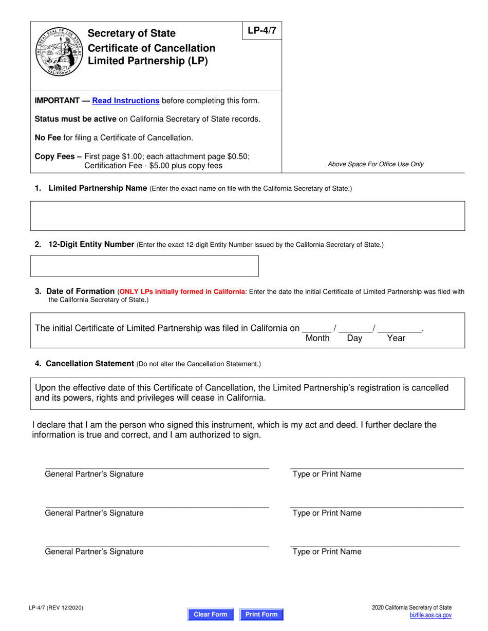 Form LP-4 / 7 Certificate of Cancellation Limited Partnership (Lp) - California, Page 5