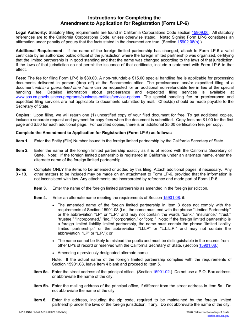 Form LP-6 Foreign Limited Partnership Amendment to Application for Registration - California, Page 2