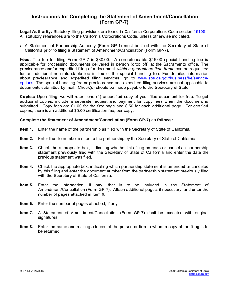 Form GP-7 Statement of Amendment / Cancellation - California, Page 2