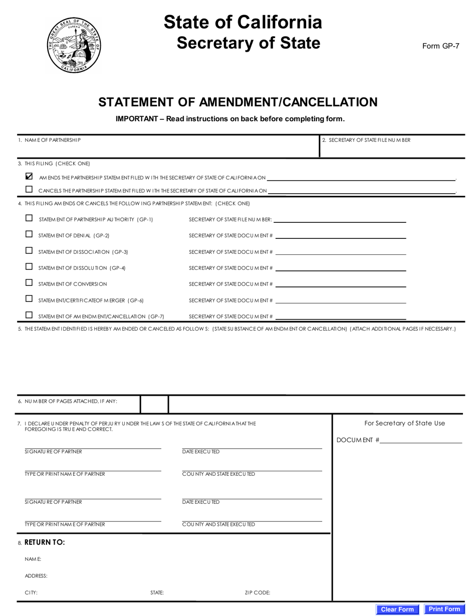 Form GP-7 Statement of Amendment / Cancellation - California, Page 3