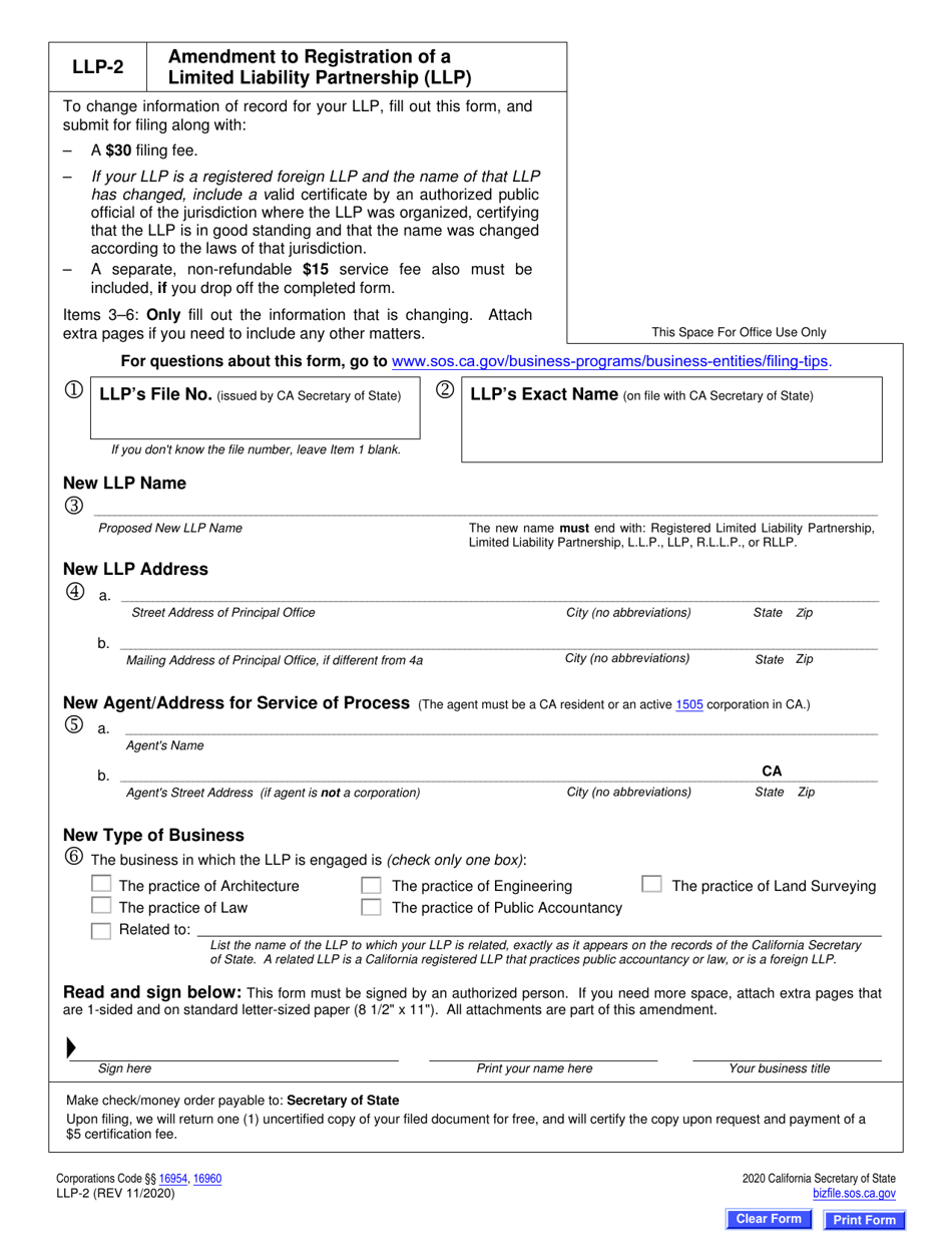 Form LLP-2 Amendment to Registration of a Limited Liability Partnership (LLP ) - California, Page 2