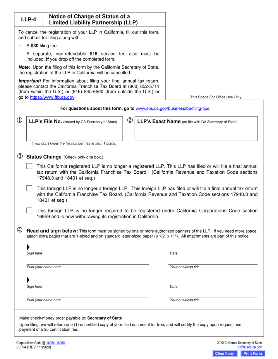 Form LLP-4 Notice of Change of Status of a Limited Liability Partnership (LLP ) - California, Page 2