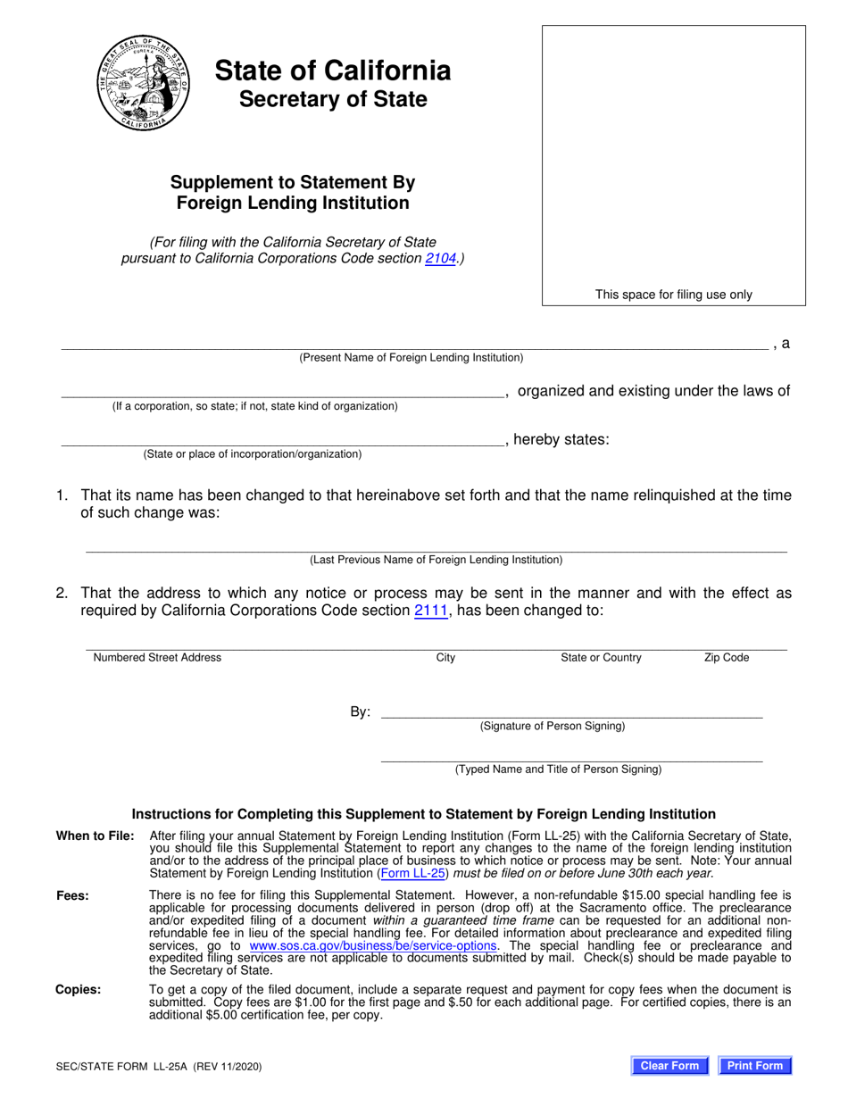 Form LL-25A Supplement to Statement by Foreign Lending Institution - California, Page 2