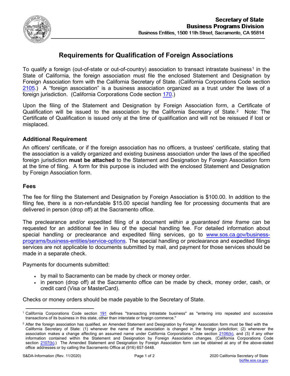 Form SDA Statement and Designation by Foreign Association - California, Page 2