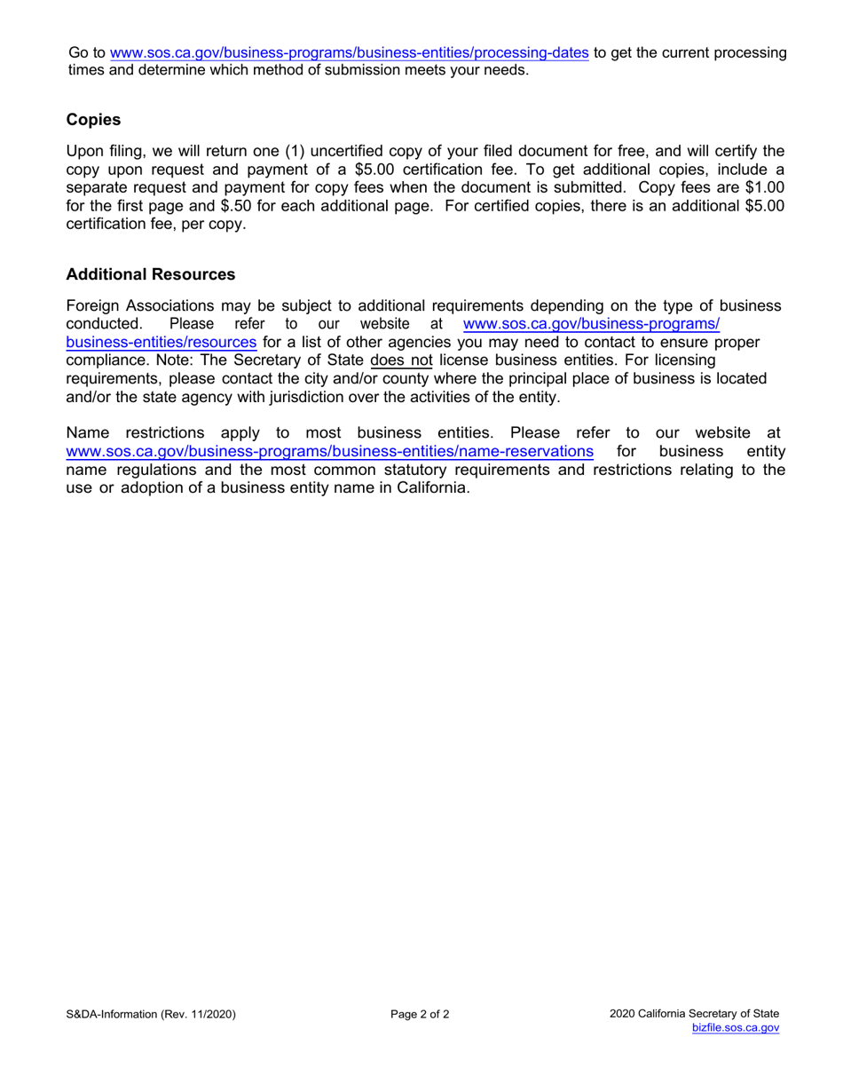 Form SDA Statement and Designation by Foreign Association - California, Page 3