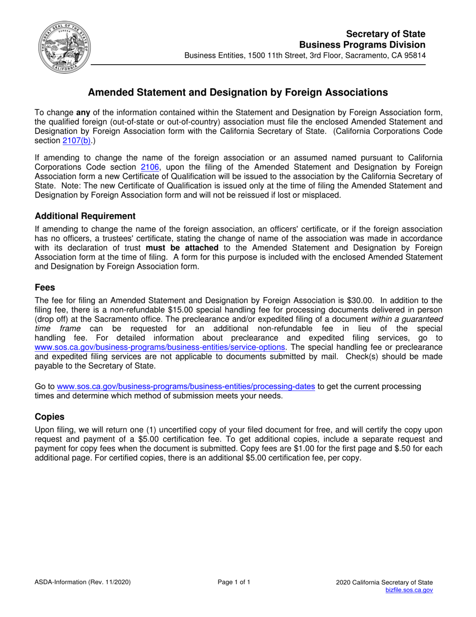 Form ASDA Amended Statement and Designation by Foreign Association - California, Page 2