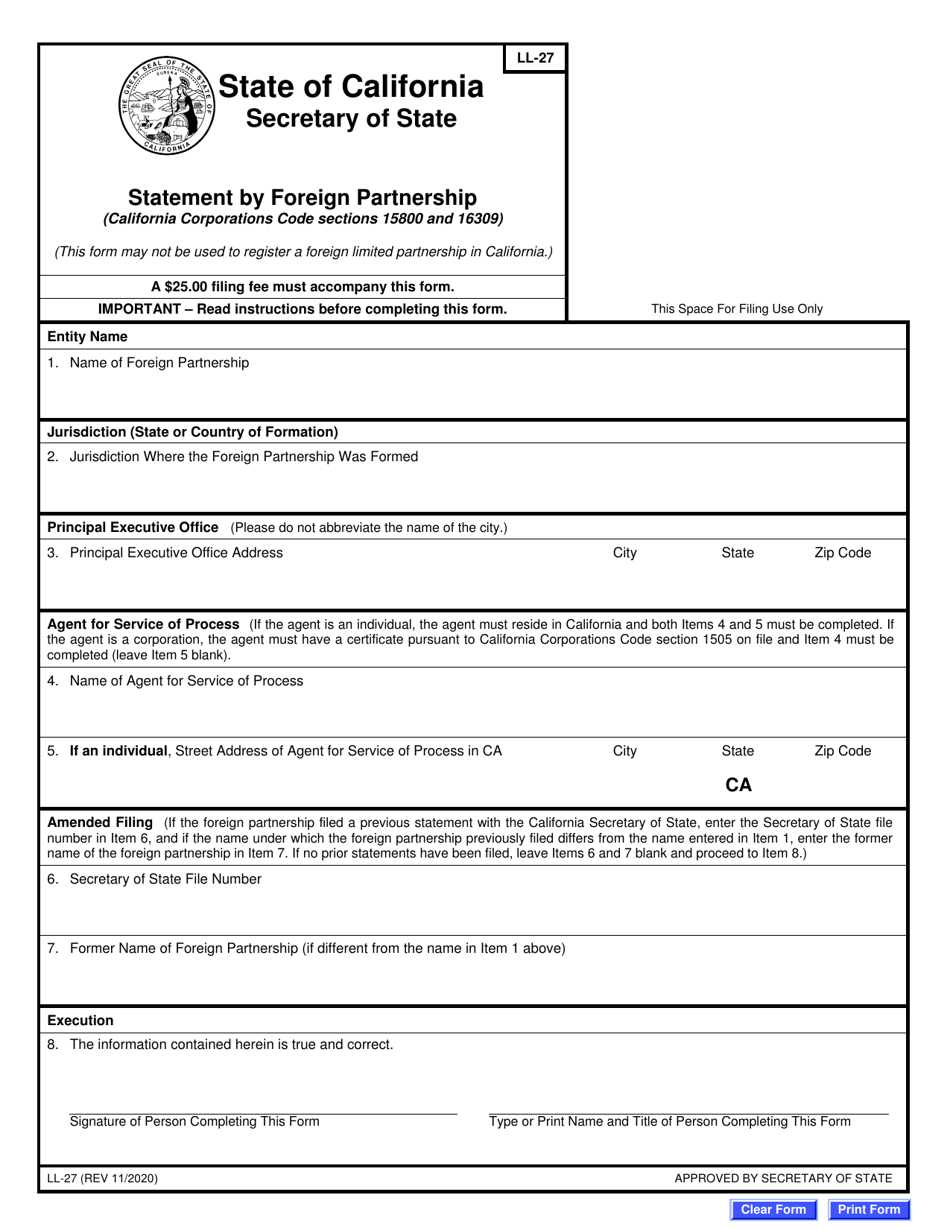 Form LL-27 Statement by Foreign Partnership - California, Page 3