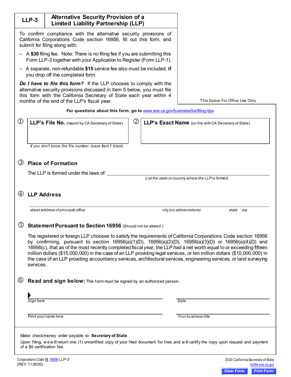 Form LLP-3 Alternative Security Provision of a Limited Liability Partnership (LLP ) - California, Page 2