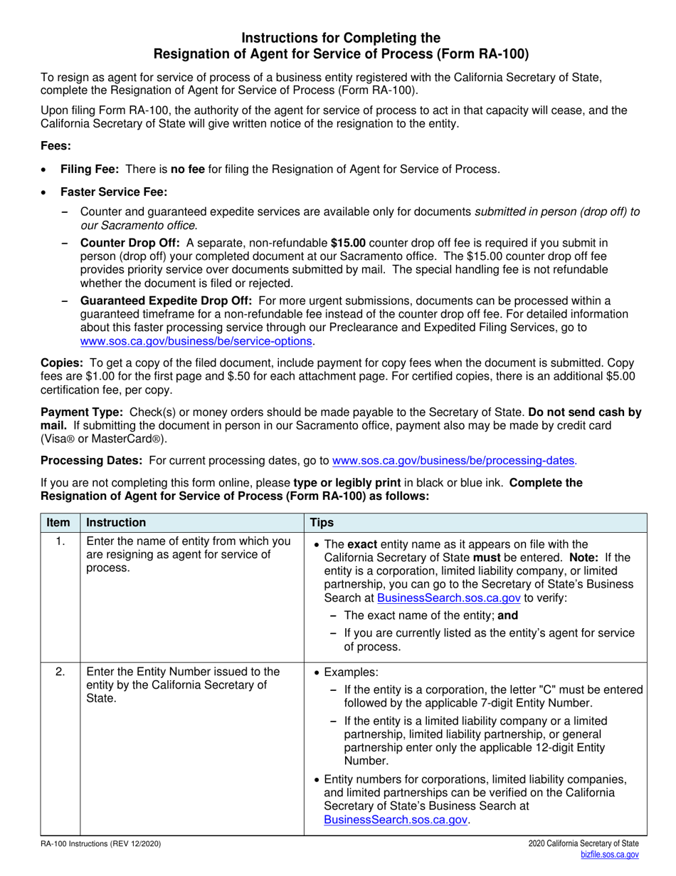 Form RA-100 Resignation of Agent for Service of Process - California, Page 2
