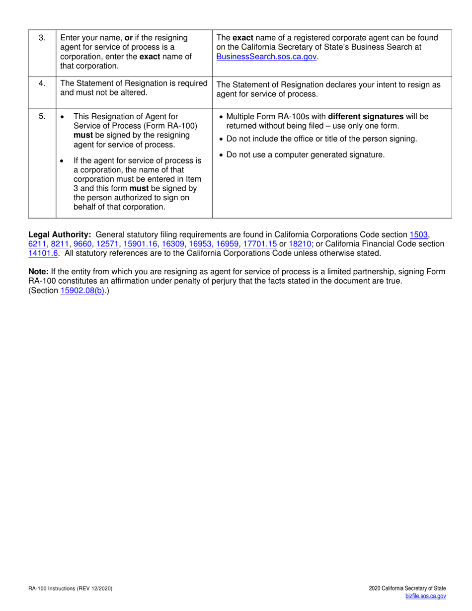 Form RA-100 Resignation of Agent for Service of Process - California, Page 3