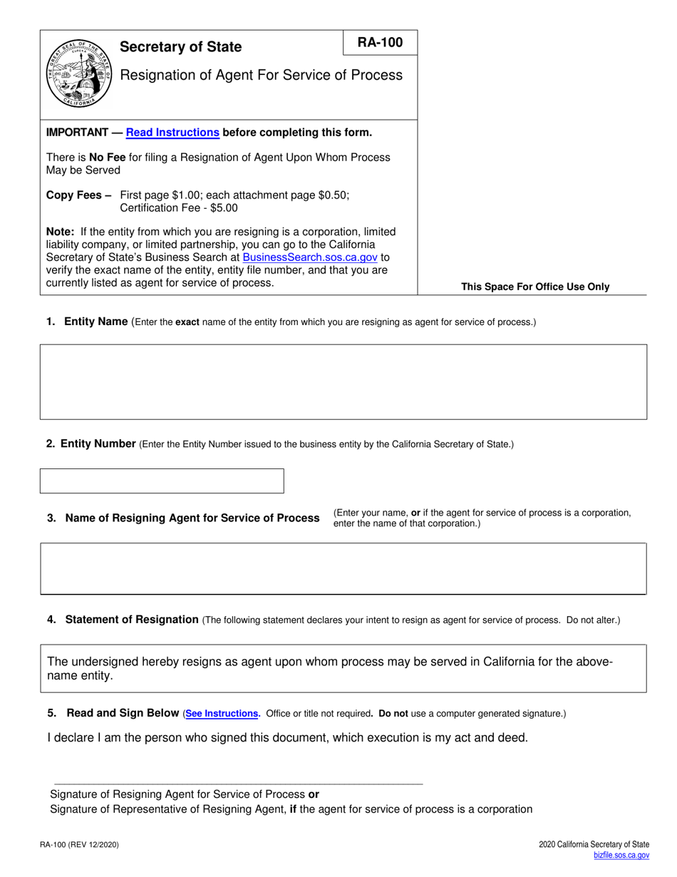Form RA-100 Resignation of Agent for Service of Process - California, Page 4