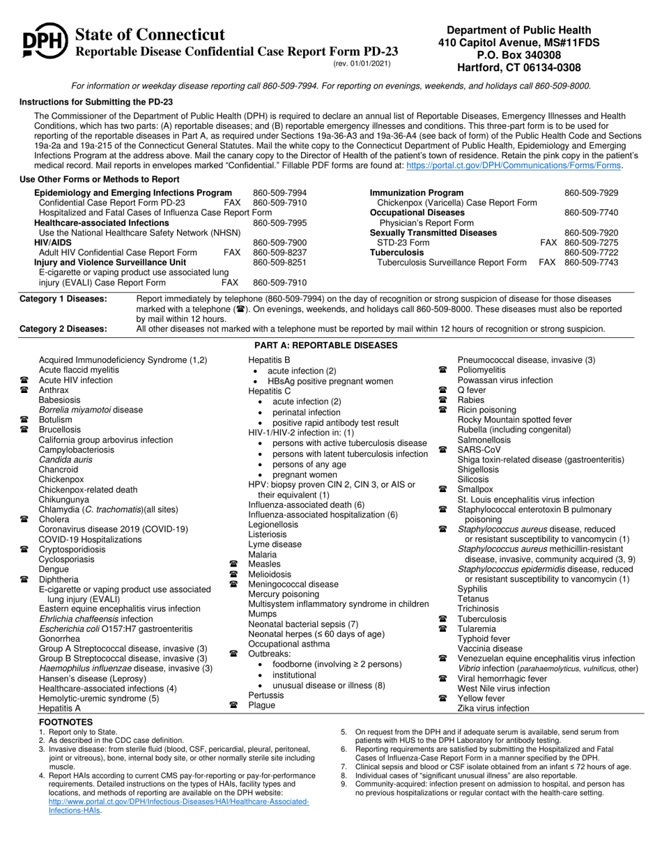 Form PD-23 Reportable Disease Confidential Case Report - Connecticut, Page 1