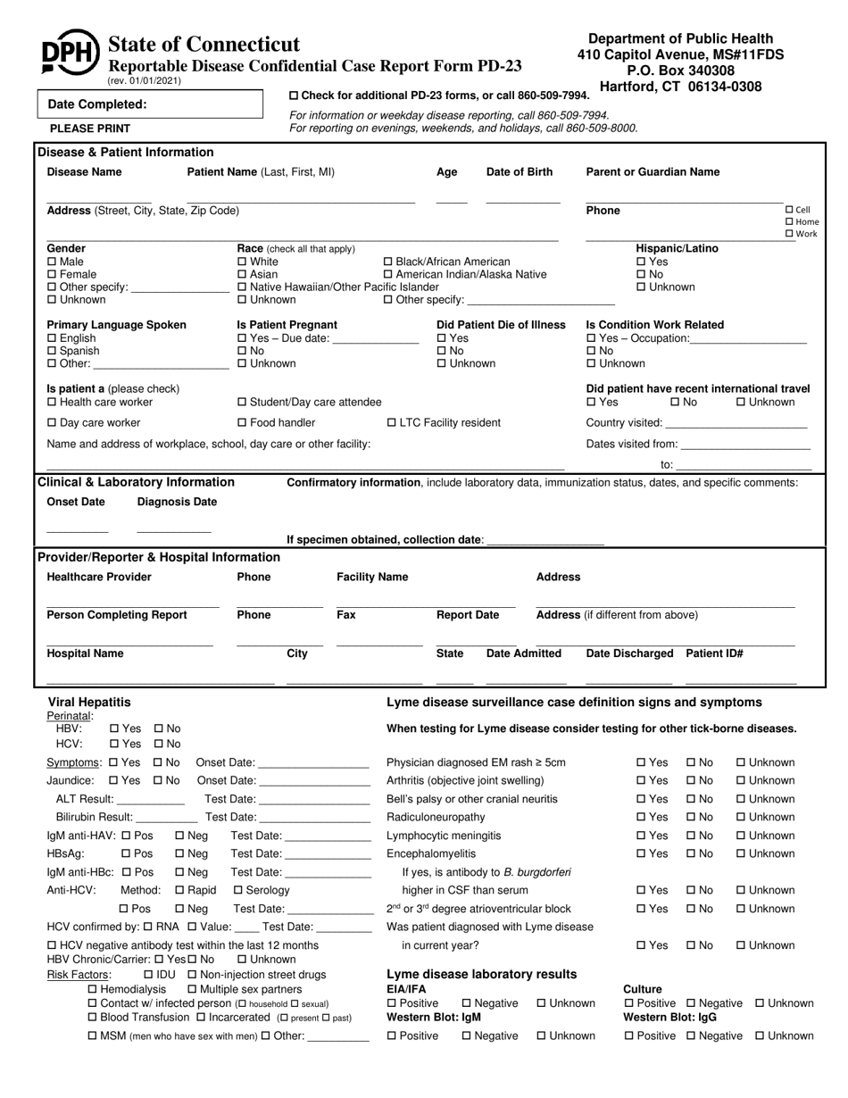 Form PD-23 Reportable Disease Confidential Case Report - Connecticut, Page 2