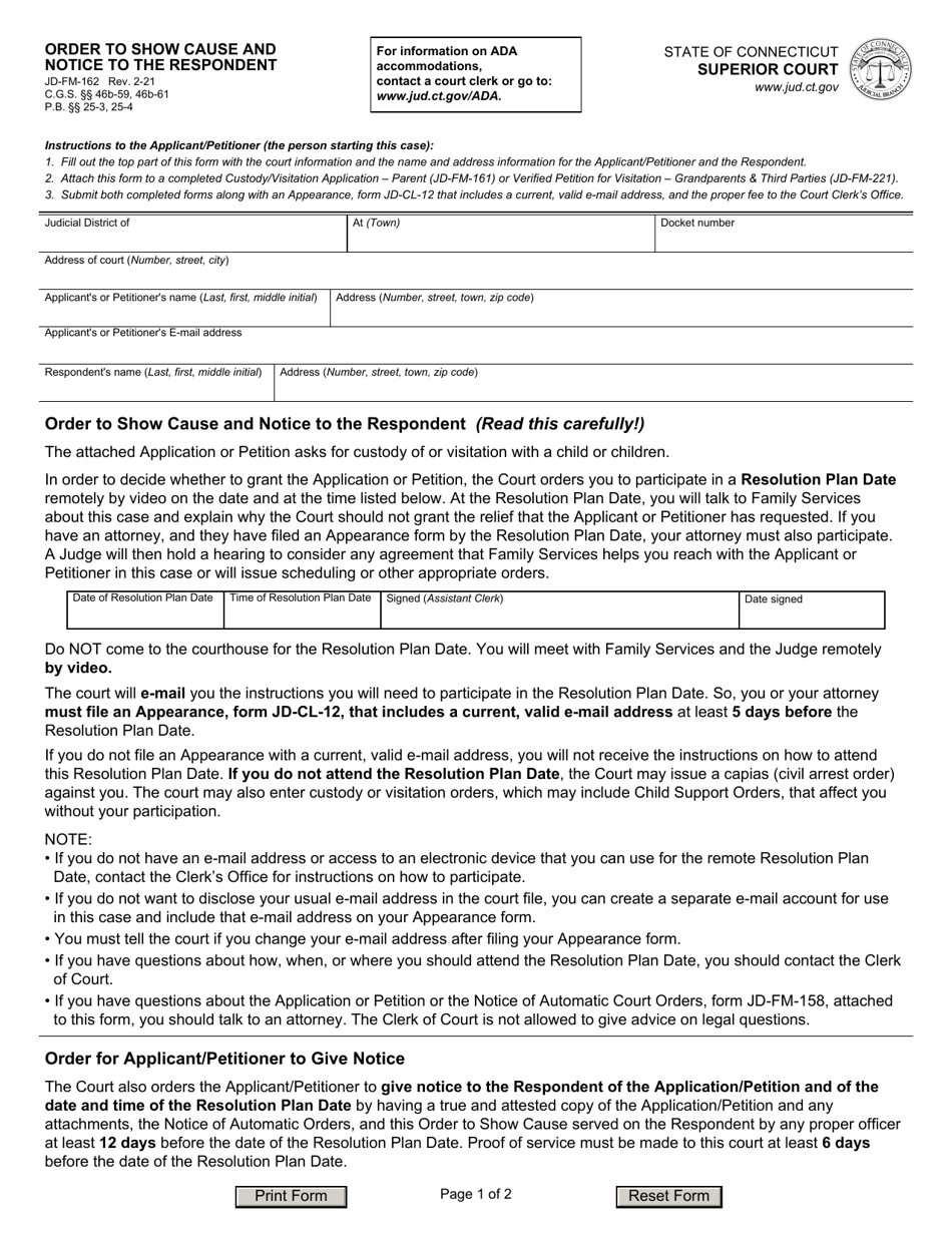 Form JD-FM-162 Order to Show Cause and Notice to the Respondent - Connecticut, Page 1
