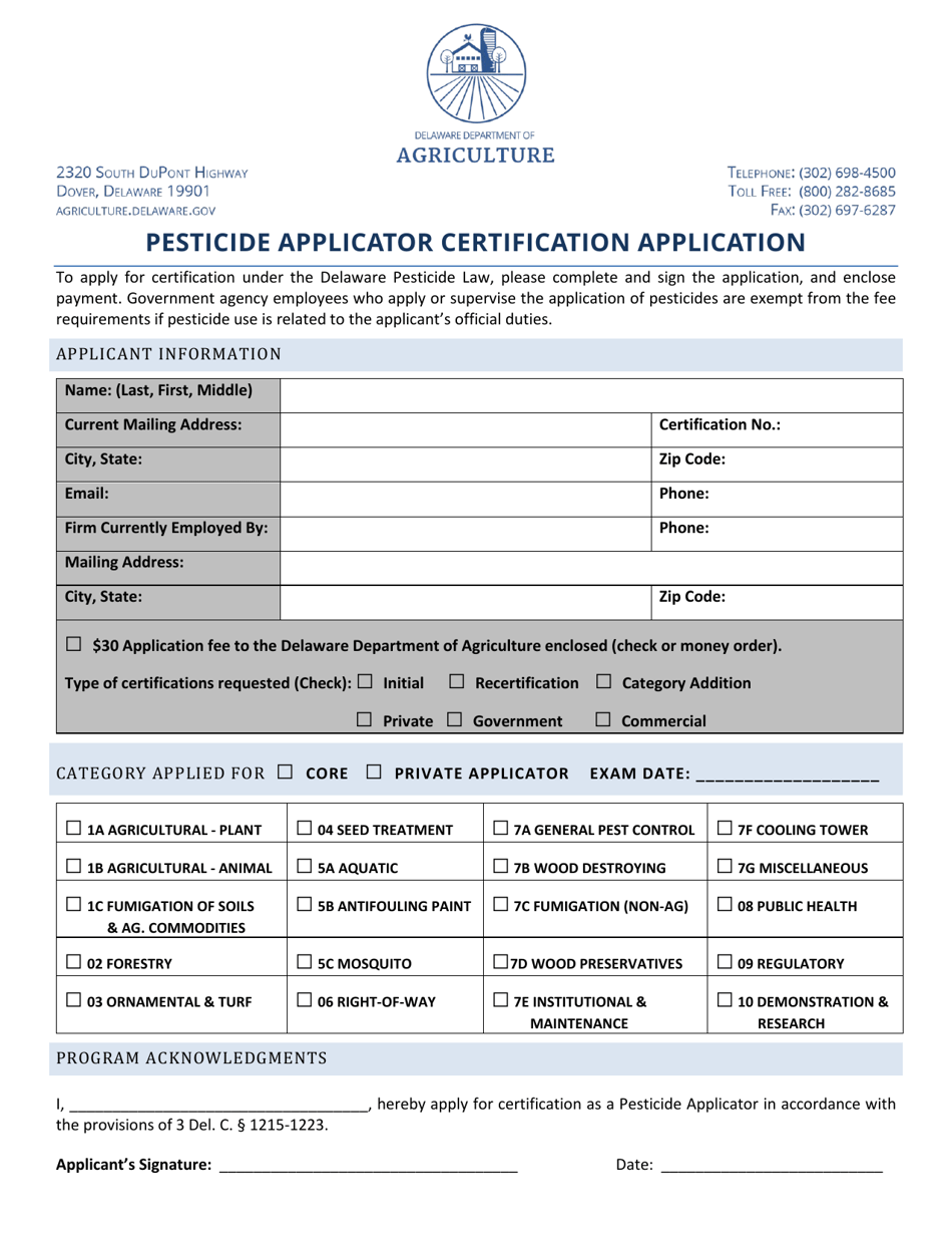 Pesticide Applicator Certification Application - Delaware, Page 1