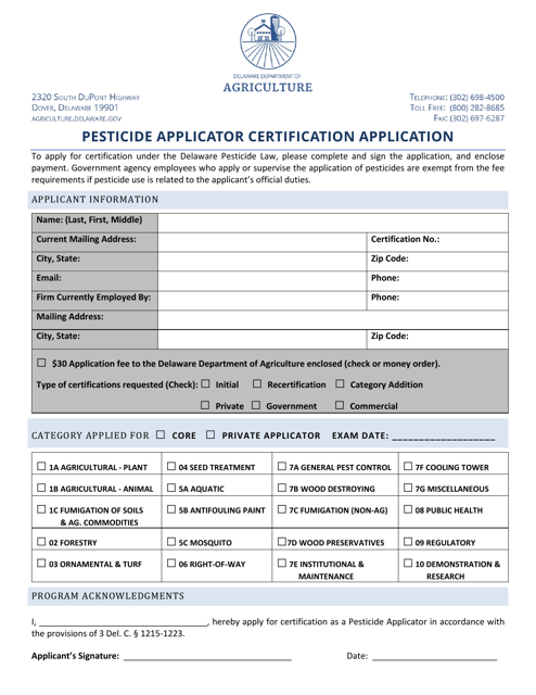 Pesticide Applicator Certification Application - Delaware