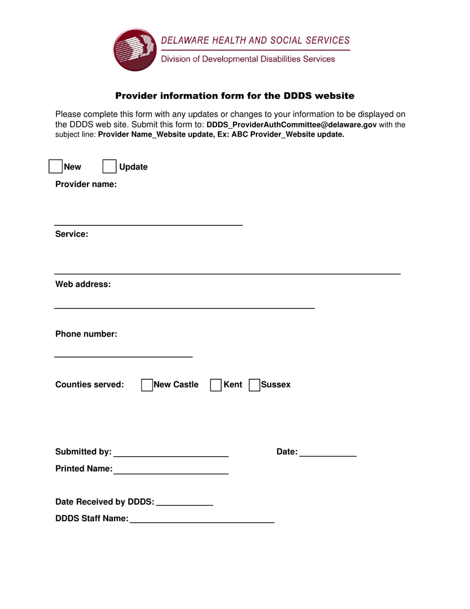 Provider Information Form for the Ddds Website - Delaware, Page 1
