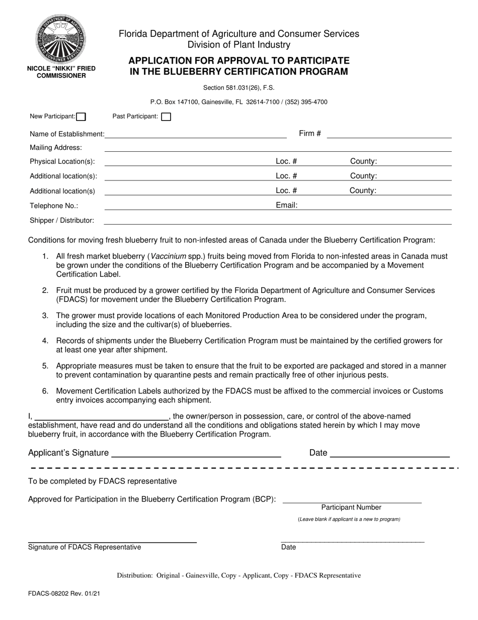 Form FDACS-08202 Application for Approval to Participate in the Blueberry Certification Program - Florida, Page 1