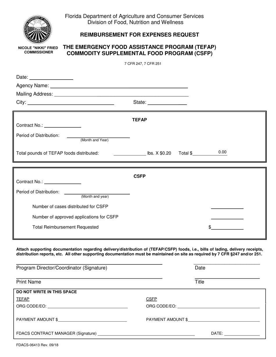 Form FDACS-06413 Reimbursement for Expenses Request - Florida, Page 1