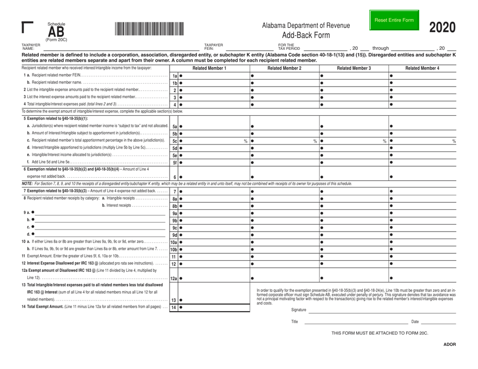 Form 20C Schedule AB Add-Back Form - Alabama, Page 1