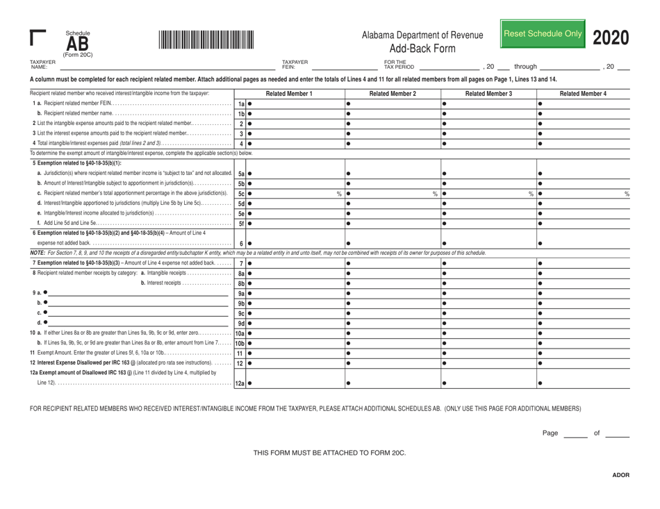 Form 20C Schedule AB Add-Back Form - Alabama, Page 2