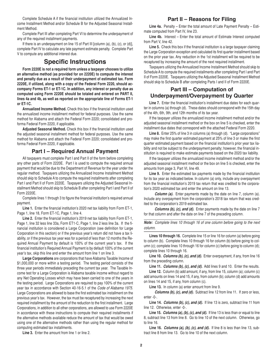 Instructions for Form 2220E Underpayment of Estimated Tax for Financial Institutions - Alabama, Page 2