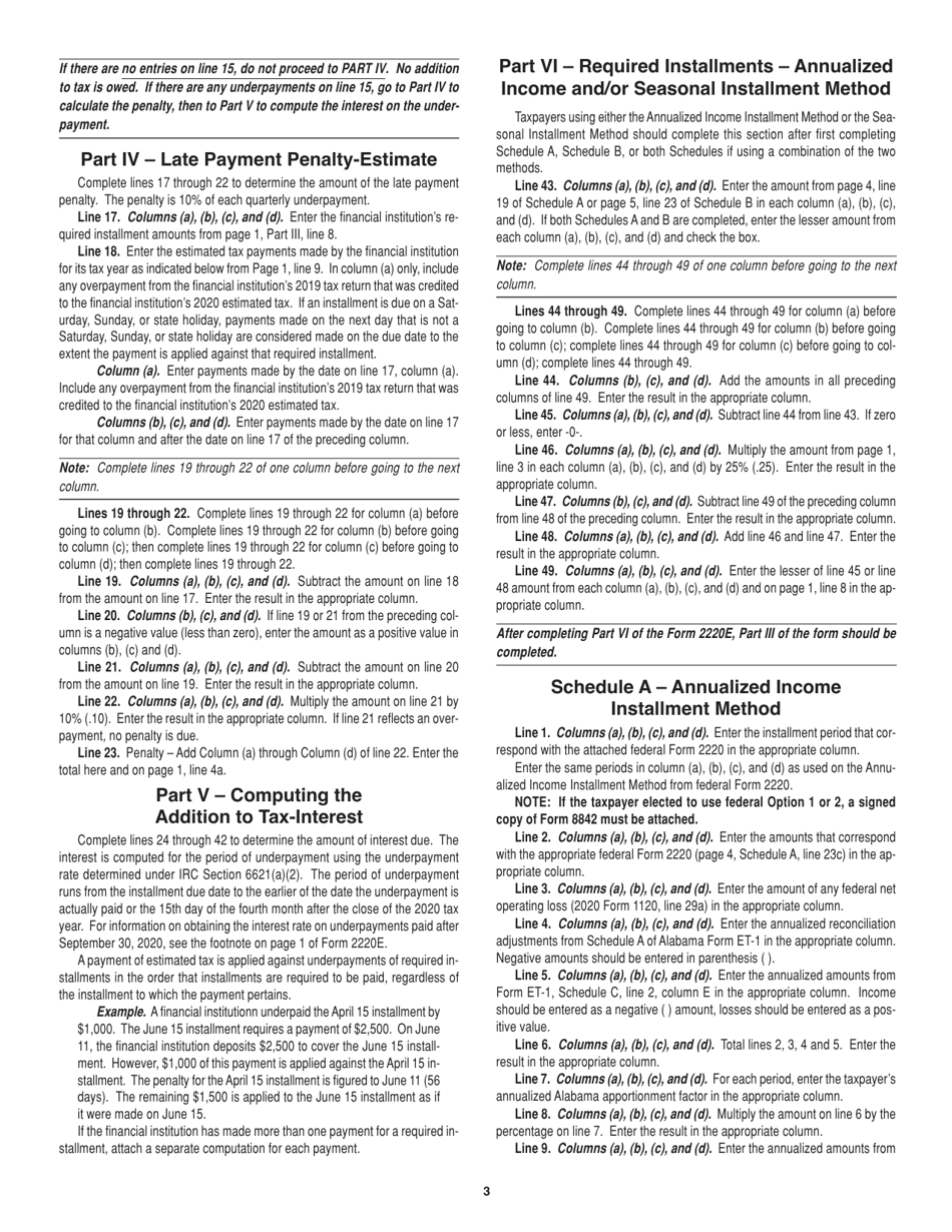 Instructions for Form 2220E Underpayment of Estimated Tax for Financial Institutions - Alabama, Page 3