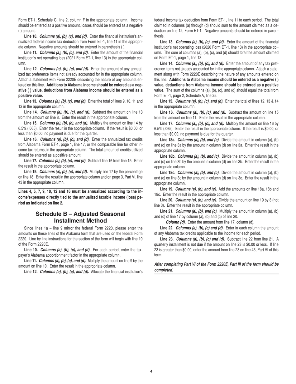 Instructions for Form 2220E Underpayment of Estimated Tax for Financial Institutions - Alabama, Page 4