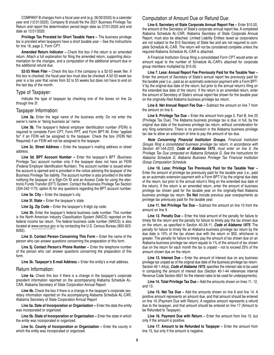 Instructions for Form CPT Alabama Business Privilege Tax Return and Annual Report - Alabama, Page 2