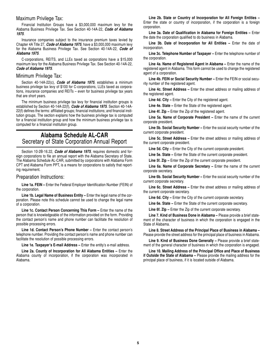 Instructions for Form CPT Alabama Business Privilege Tax Return and Annual Report - Alabama, Page 5