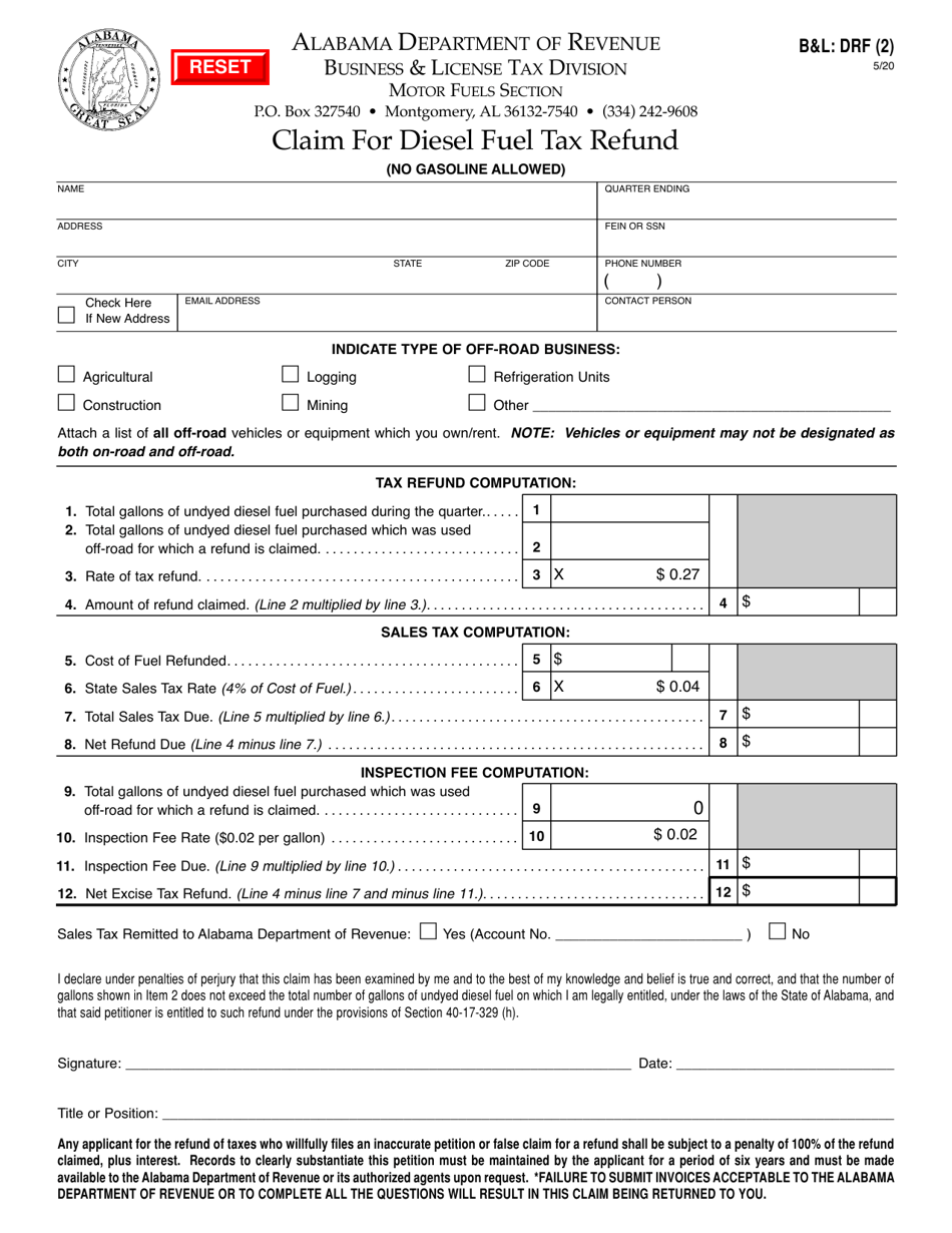 Form BL: DRF (2) Claim for Diesel Fuel Tax Refund - Alabama, Page 1