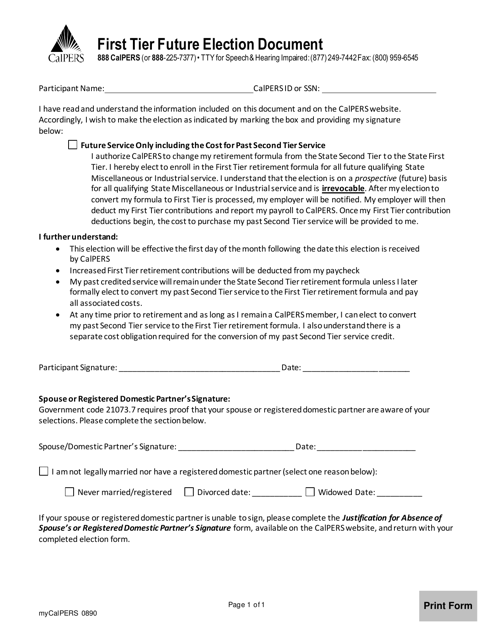 Form myCalPERS0890 First Tier Future Election Document - California