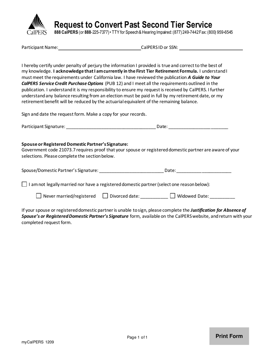 Form my|CalPERS1209 Request to Convert Past Second Tier Service - California, Page 1