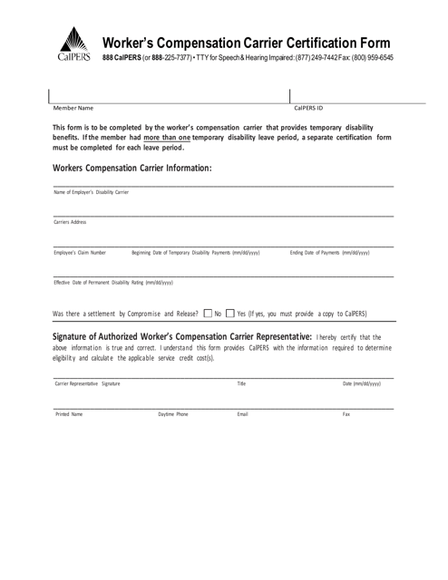 Worker's Compensation Carrier Certification Form - California