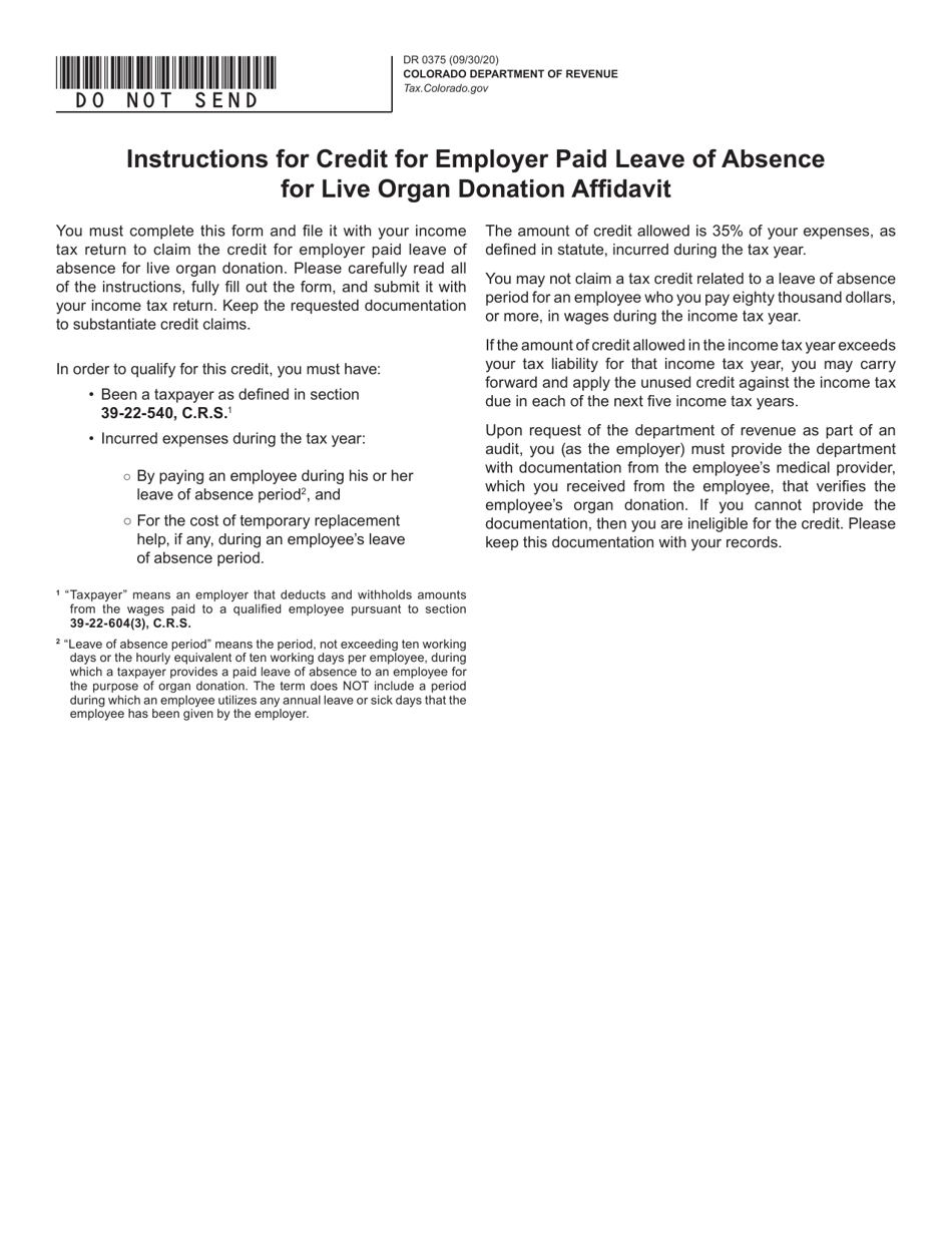Form DR0375 Credit for Employer Paid Leave of Absence for Live Organ Donation - Colorado, Page 1