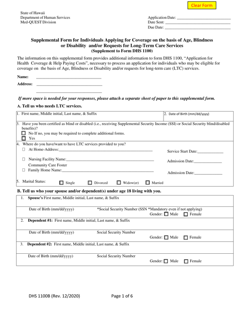 Form DHS1100B Supplemental Form for Individuals Applying for Coverage on the Basis of Age, Blindness or Disability and/or Requests for Long-Term Care Services - Hawaii