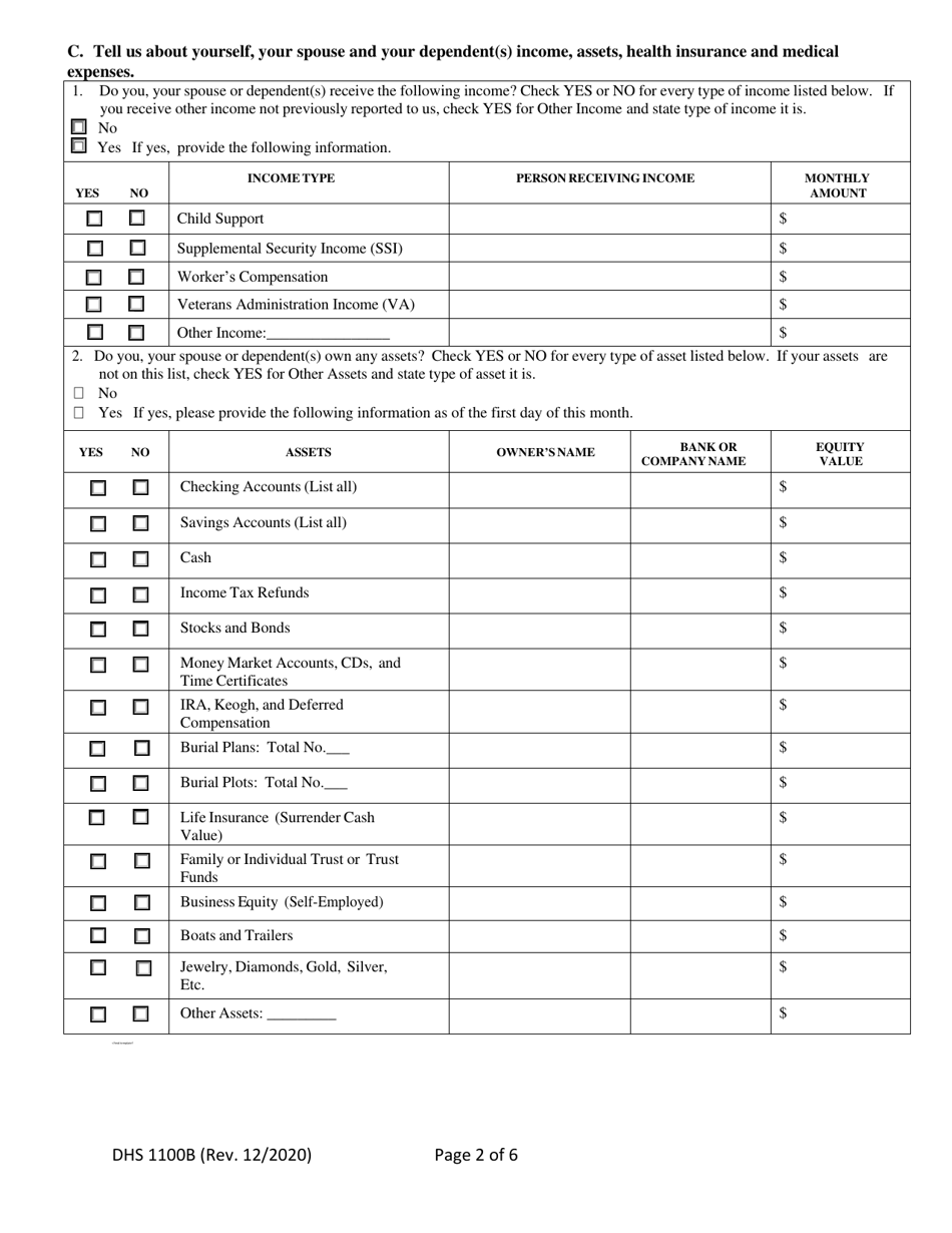 Form DHS1100B Supplemental Form for Individuals Applying for Coverage on the Basis of Age, Blindness or Disability and / or Requests for Long-Term Care Services - Hawaii, Page 2